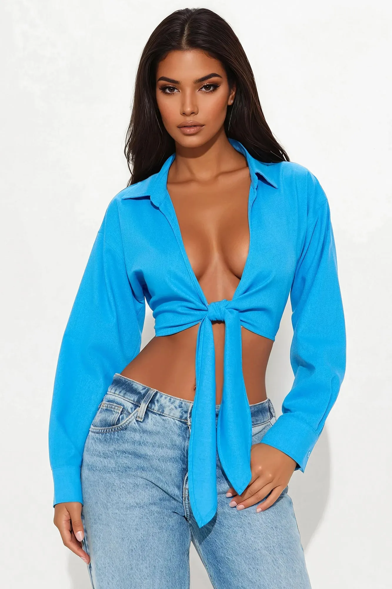 Alia Linen Tie Front Cropped Top - Blue