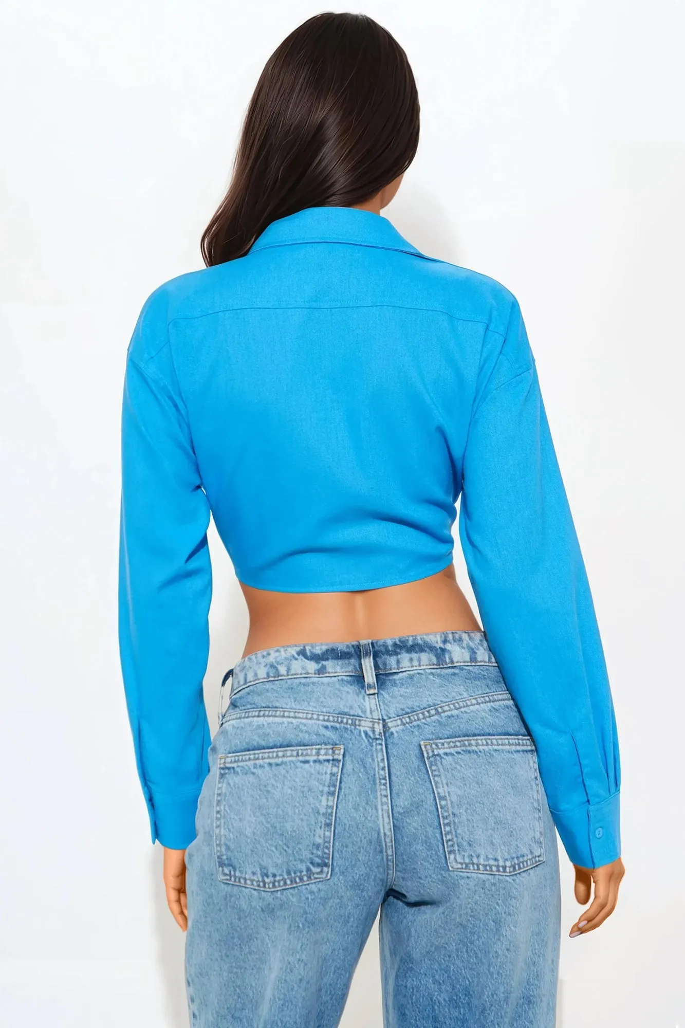Alia Linen Tie Front Cropped Top - Blue
