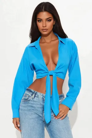 Alia Linen Tie Front Cropped Top - Blue