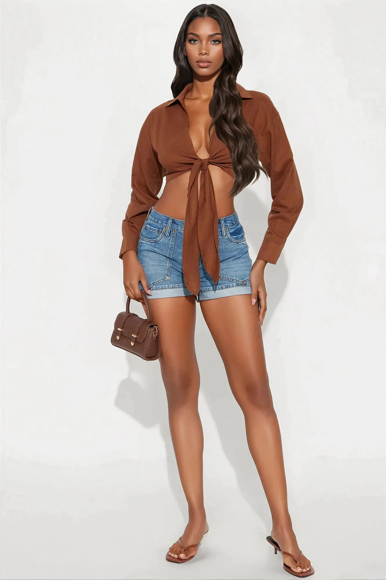 Alia Linen Tie Front Cropped Top - Chocolate