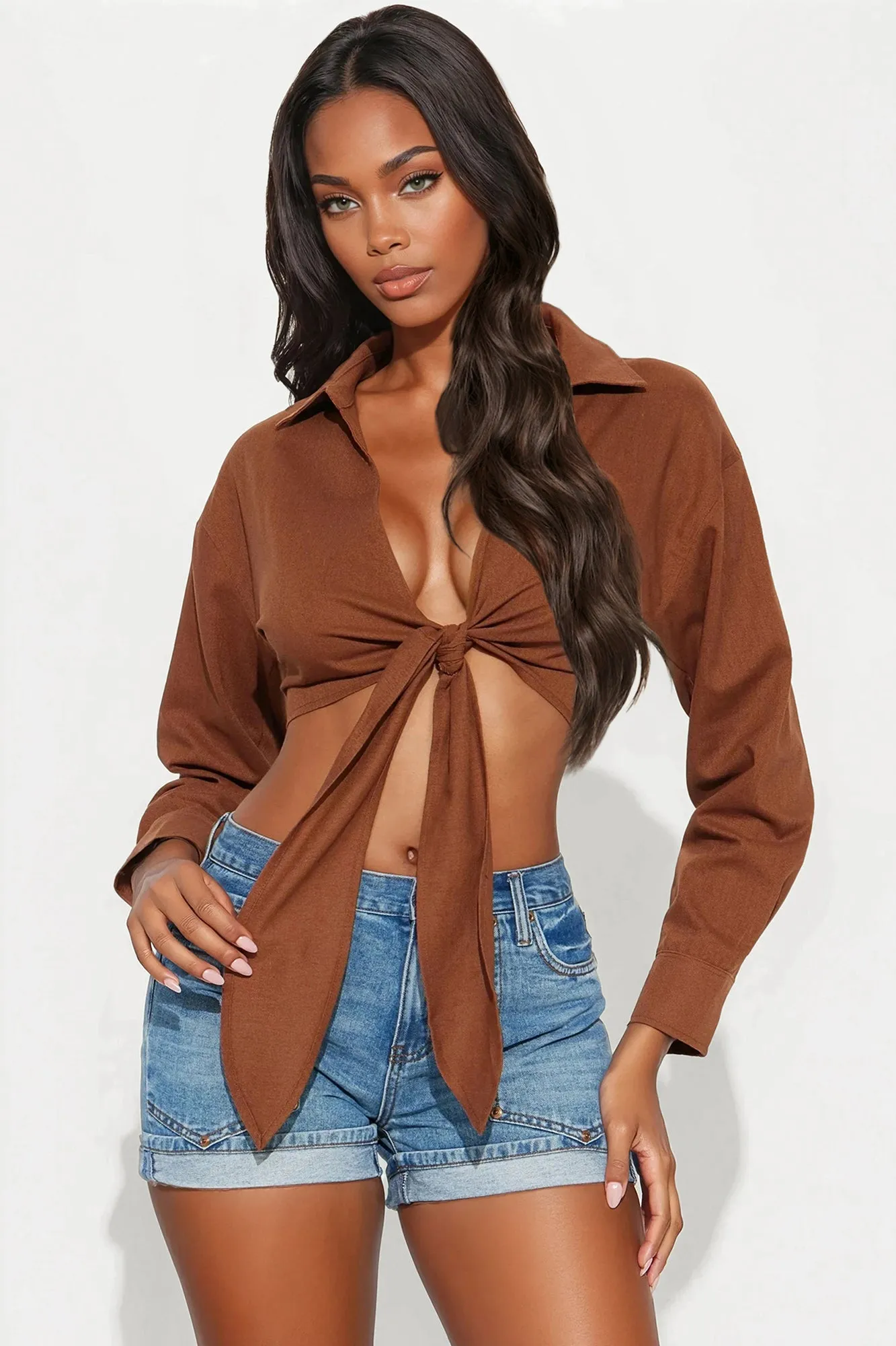 Alia Linen Tie Front Cropped Top - Chocolate