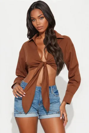 Alia Linen Tie Front Cropped Top - Chocolate